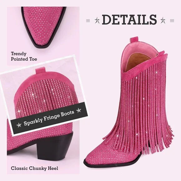 〽️Women's Pink Fringe Cowboy for Mid Calf Cowgirl Pointed Toe Chunky Heel Boots - Picture 4 of 6